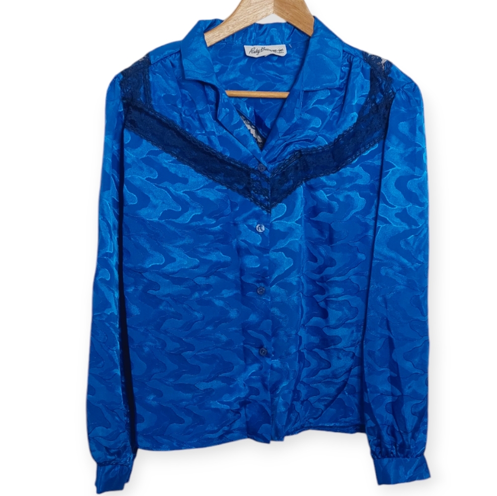 Risky Business Women's Blouse Size Medium Royal Blue Western Style 80s